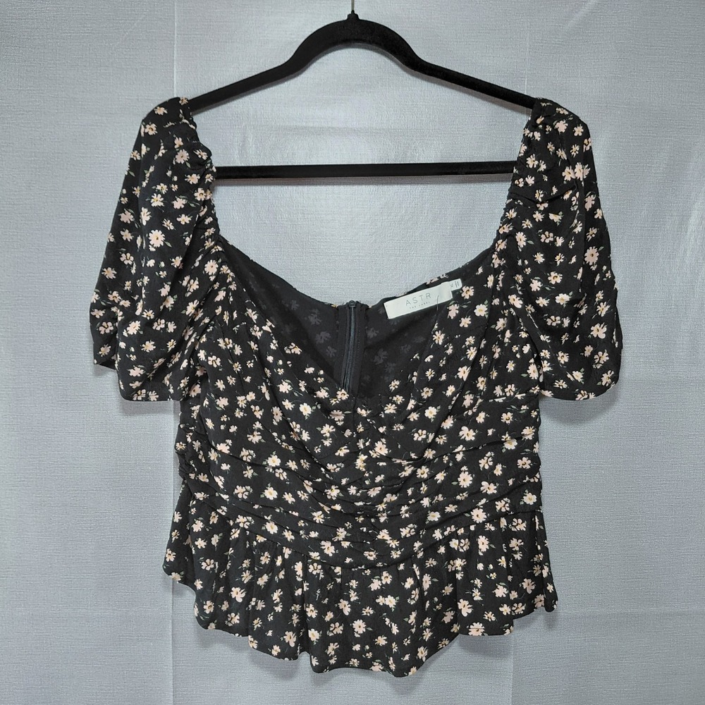 Astr The Label Black Pink Ditsy Floral Puff Sleeve Babydoll Sz XL Milkmaid Top